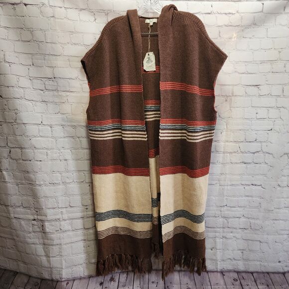 Easel Cardigan Womens Small To Lg Brown Open Front Hooded Fringe Hem Oversized - Picture 1 of 11